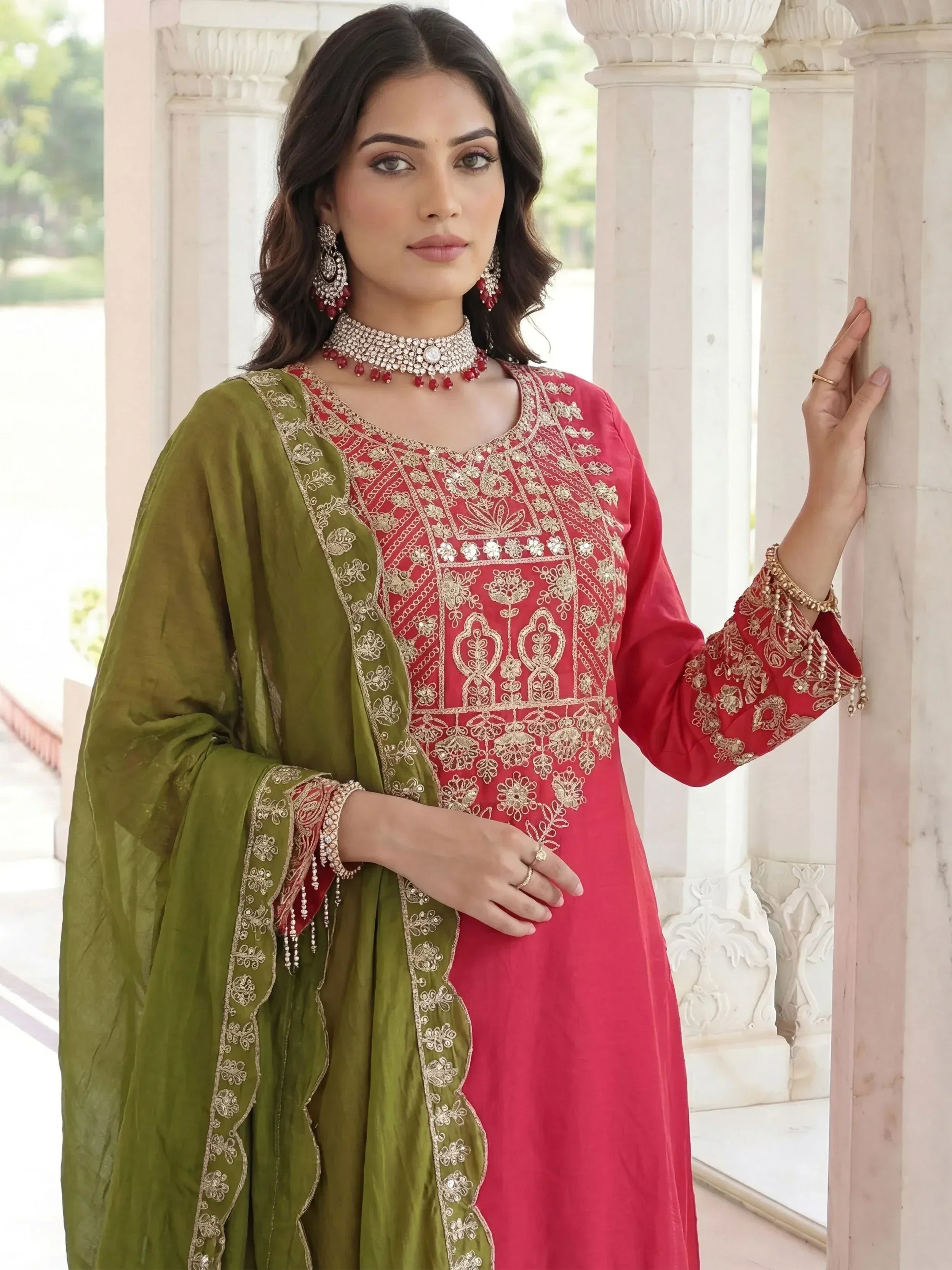 Red embroidered kurta with green dupatta, Indian ethnic wear for women