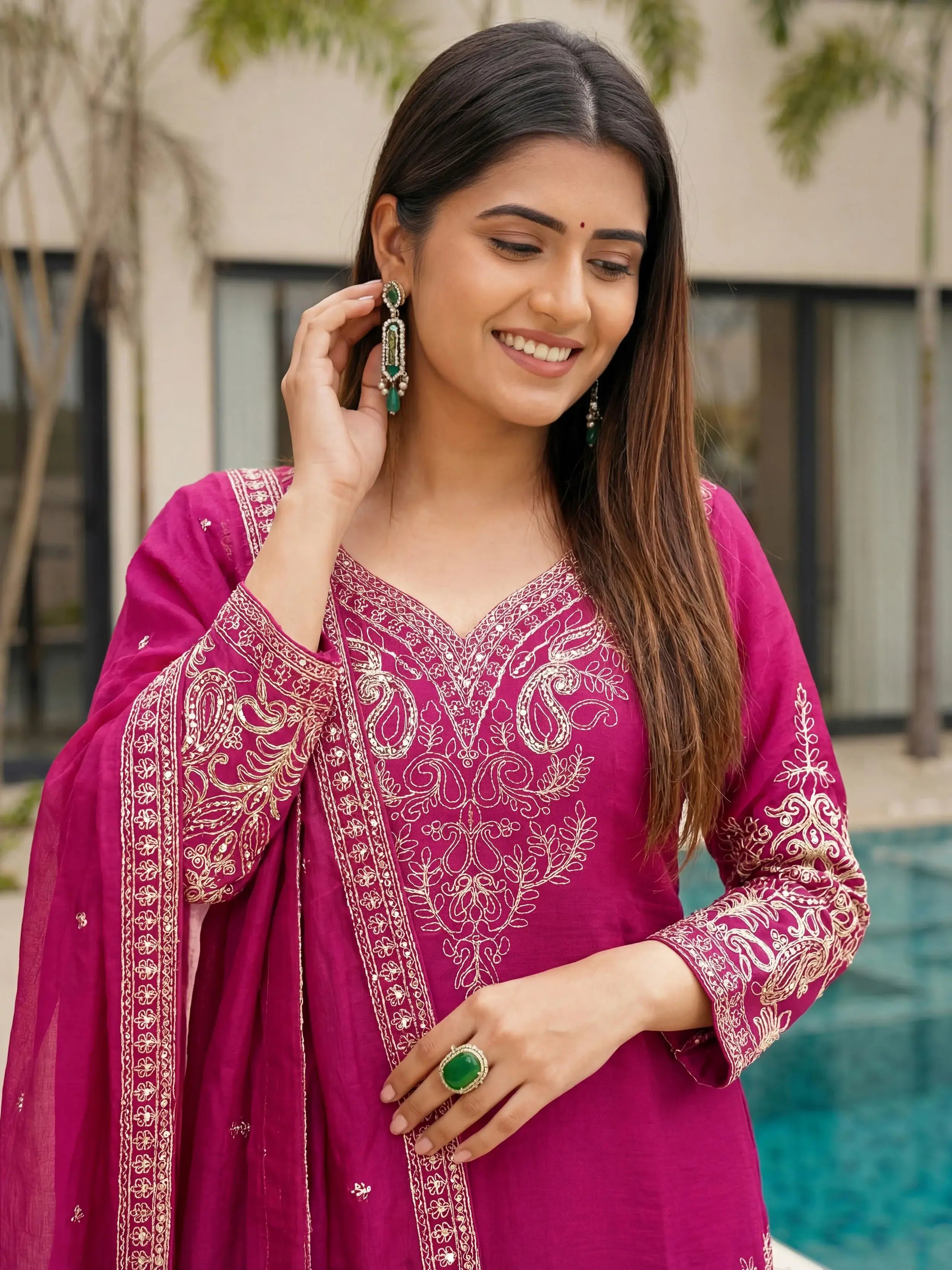 Outstanding Pink Embroidered Chinon Wedding Wear Palazzo Suit