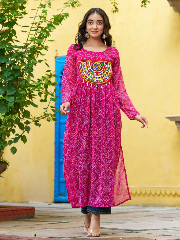 Wonderful Pink Georgette Kutchi Work Navratri Wear Kurti