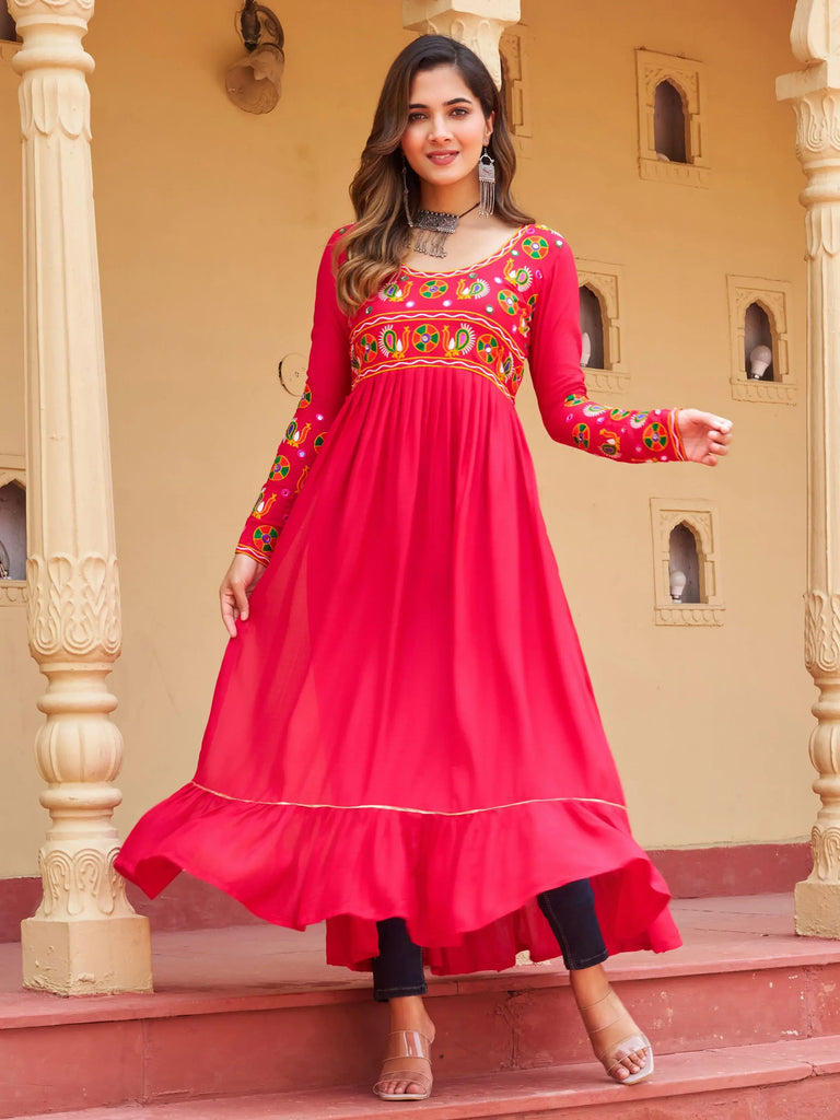 Regal Pink Rayon Gamthi Work Festival Wear Nayra Cut Kurti