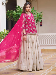 Stunning Pink Thread Embroidered Chinon Lehenga With Long Choli
