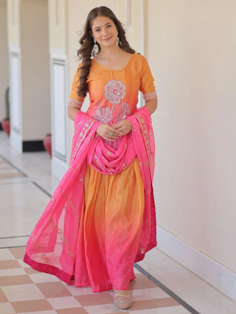 Feminine Pink Beads Embroidered Chinon Ombre Palazzo Suit