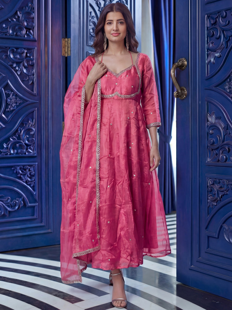 Incredible Pink Sequins Silk Festival Anarkali Gown With Dupatta