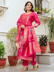 Beautiful Rani Pink Chanderi Zari Weaving Straight Suit With Dupatta