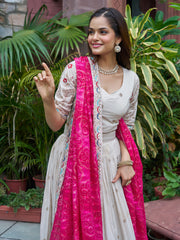 Amazing White Embroidered Silk Lehenga Choli With Pink Dupatta 