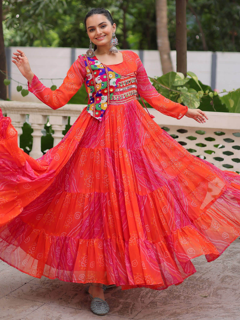 Regal Pink Georgette Kutchi Gamthi Work Navratri Wear Gown