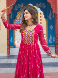 Adorning Pink Georgette Kutchi Work Festival Wear Gown