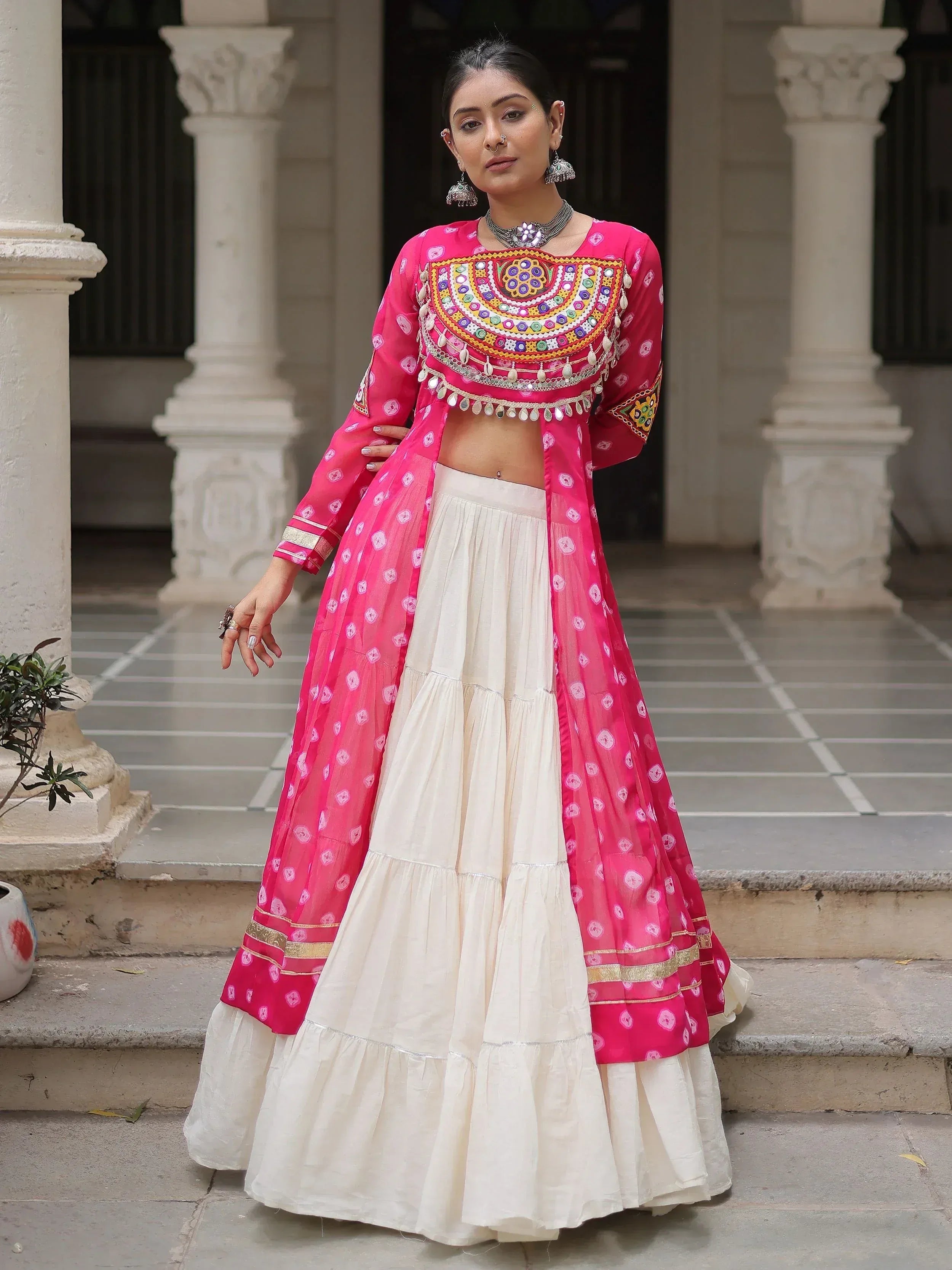 Pink embroidered crop top with white tiered skirt, Indian ethnic wear for women