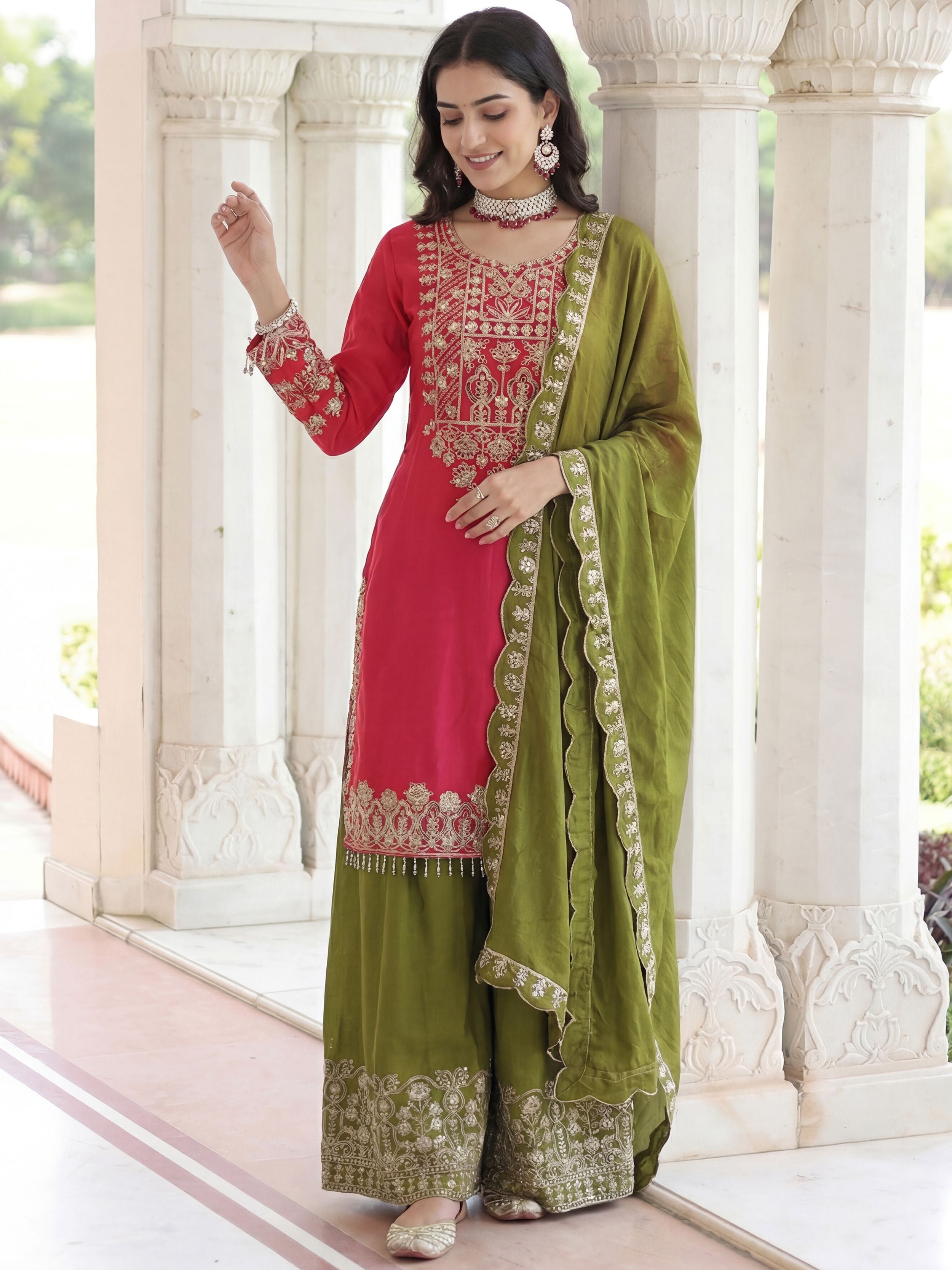 Wonderful Pink Embroidered Chinon Wedding Wear Palazzo Suit