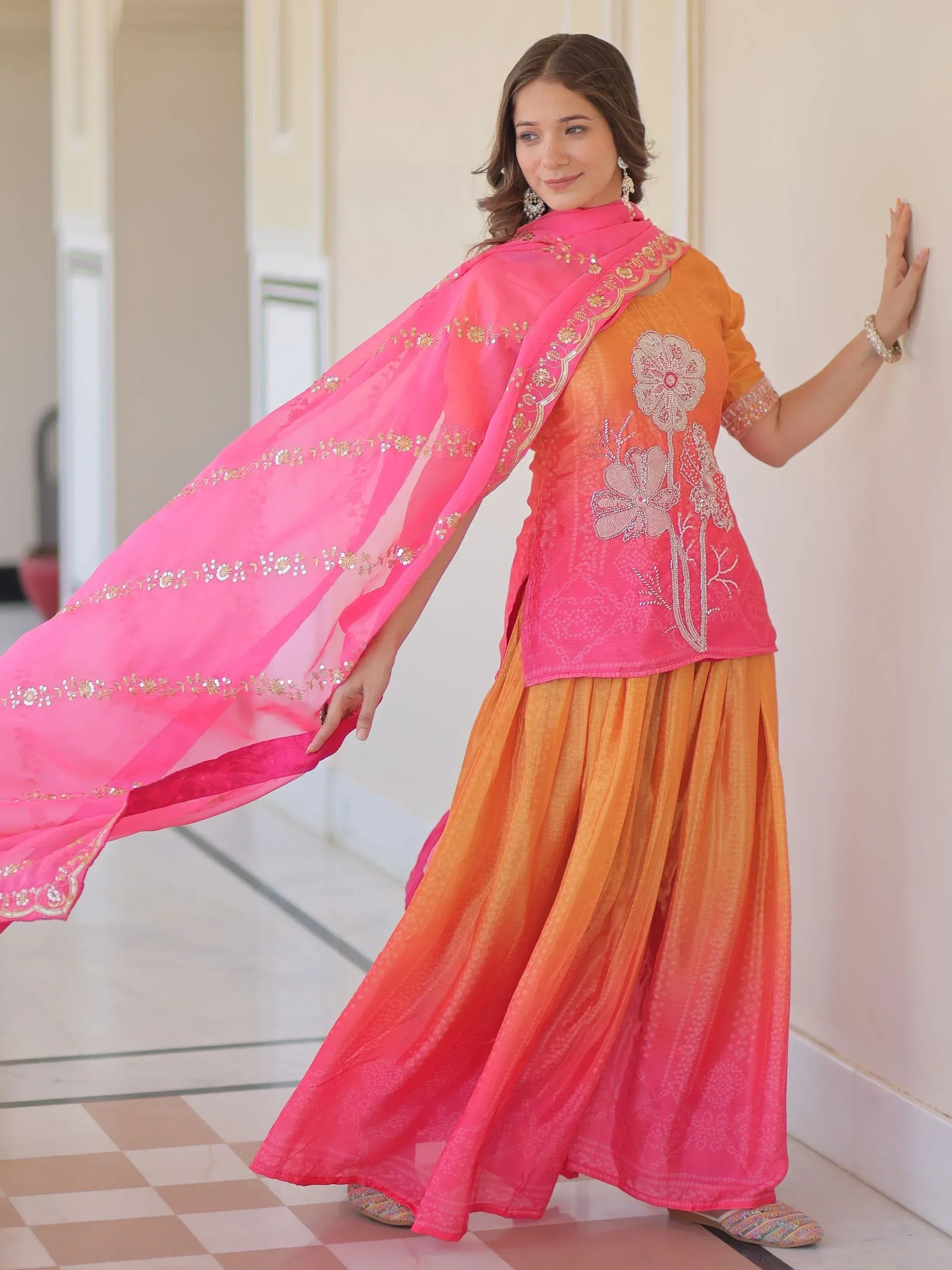 Orange and pink embroidered salwar kameez with floral dupatta, Indian ethnic wear