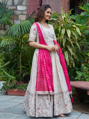 Amazing White Embroidered Silk Lehenga Choli With Pink Dupatta 