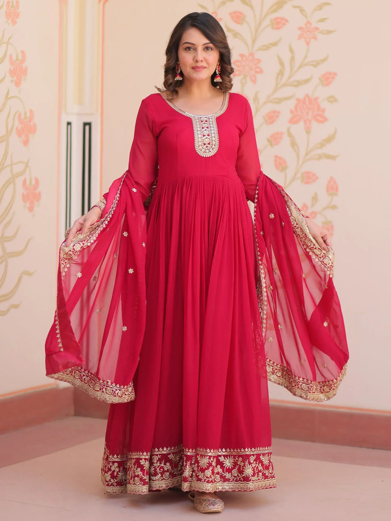Alluring Pink Georgette Embroidered Traditional Gown With Dupatta