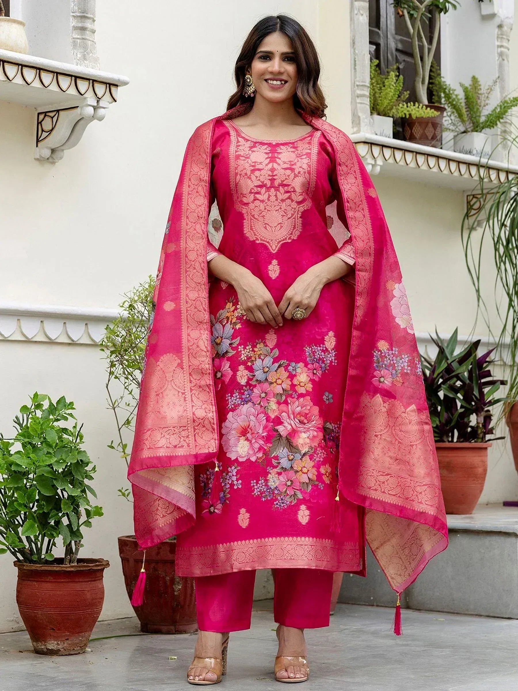 Pink floral printed salwar kameez with embroidered dupatta, ethnic Indian wear for women