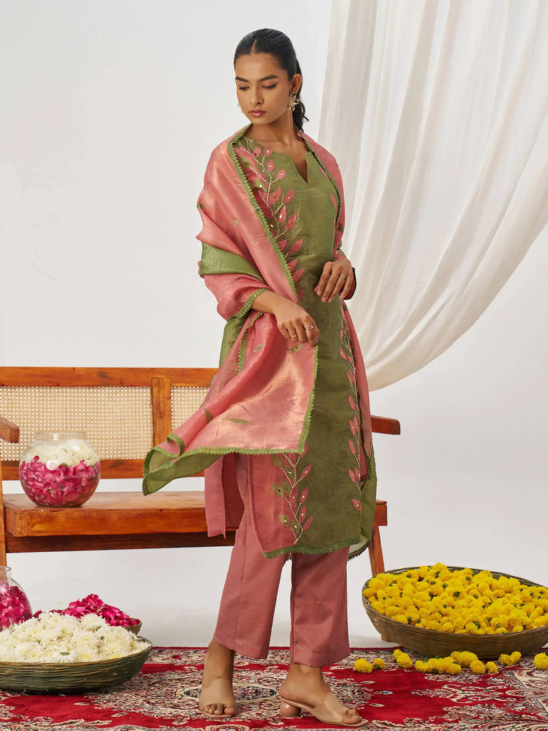 Gorgeous Pink Patch Work Organza Traditional Straight Suit
