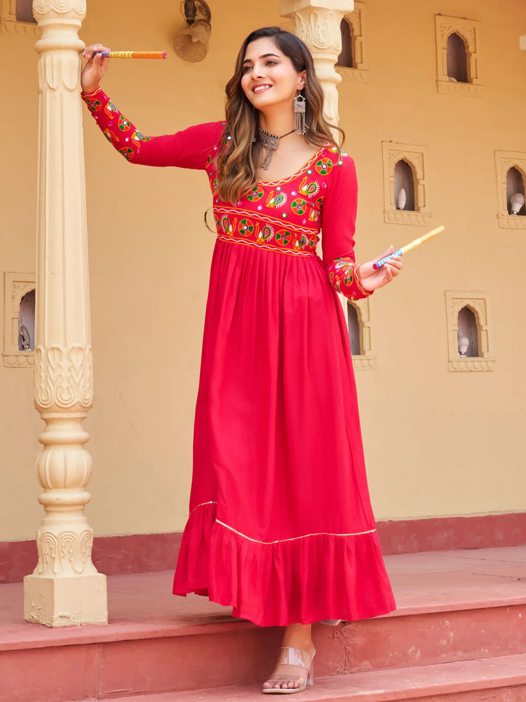 Regal Pink Rayon Gamthi Work Festival Wear Nayra Cut Kurti