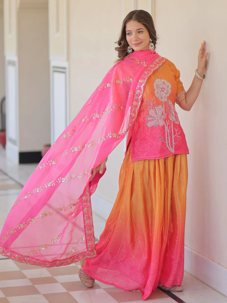 Feminine Pink Beads Embroidered Chinon Ombre Palazzo Suit