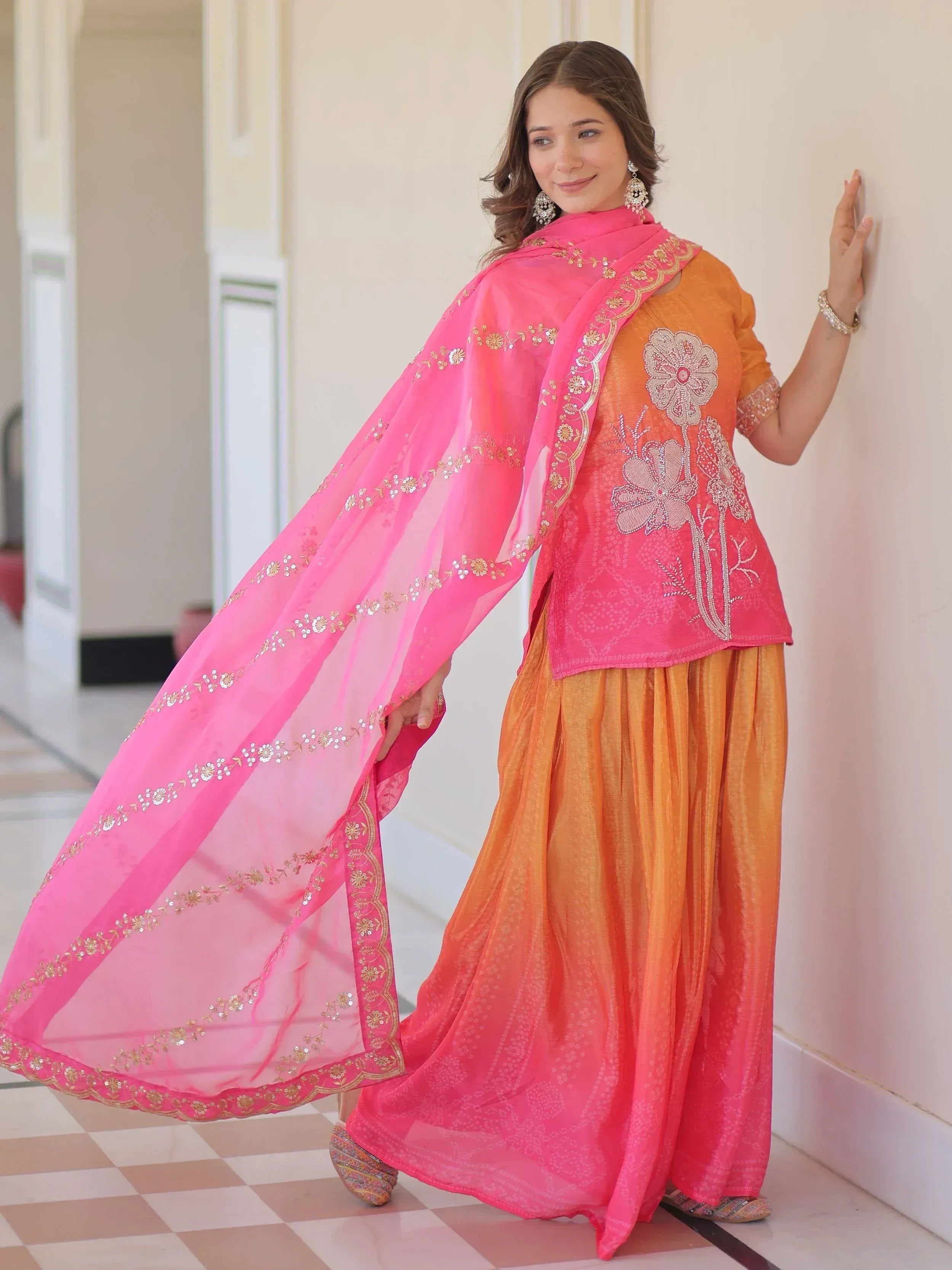 Orange and pink embroidered salwar kameez with floral dupatta, Indian ethnic wear for women