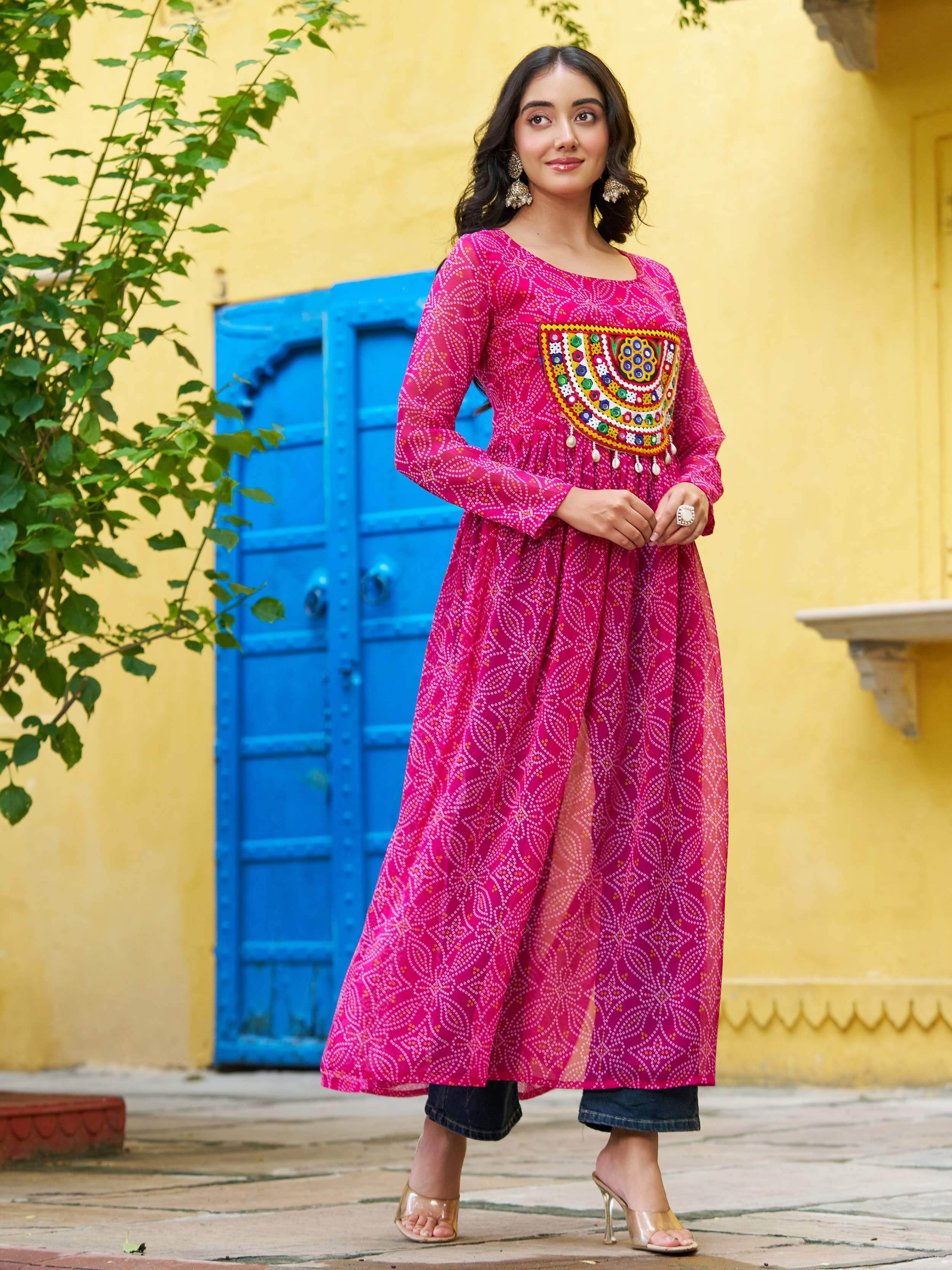 Wonderful Pink Georgette Kutchi Work Navratri Wear Kurti