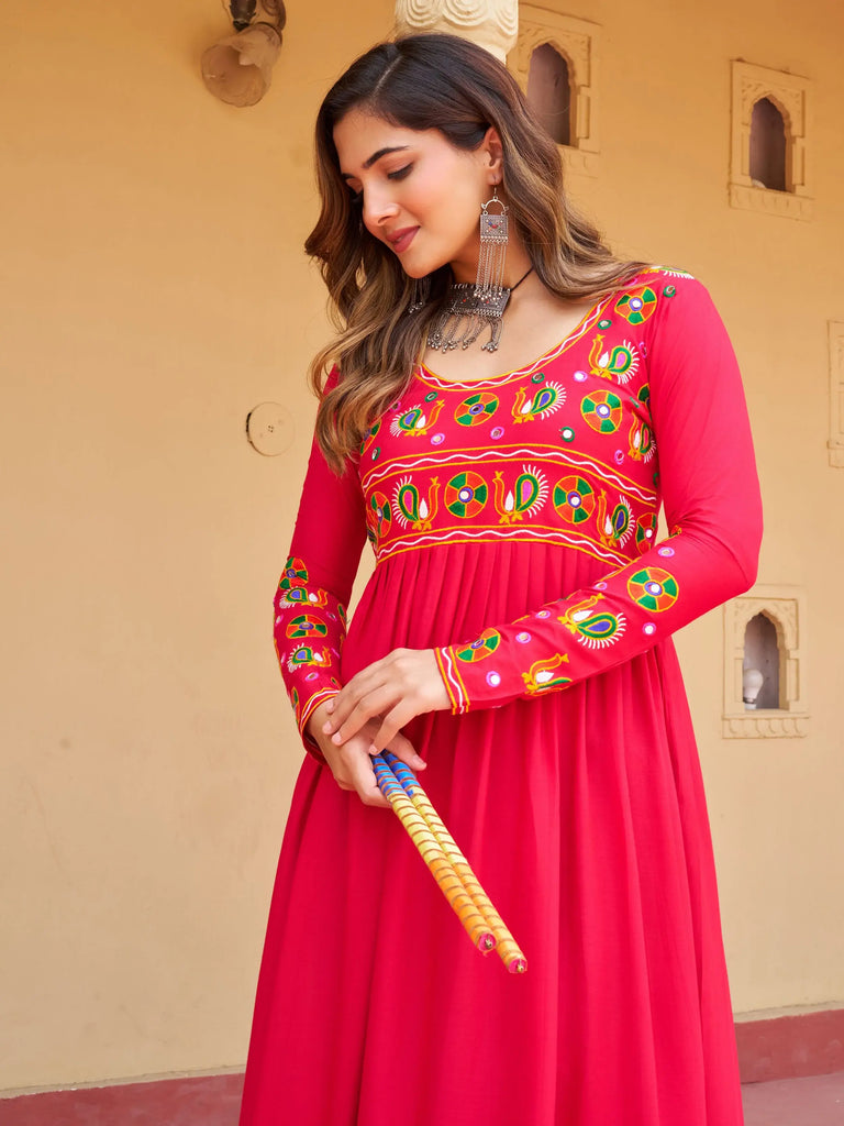 Regal Pink Rayon Gamthi Work Festival Wear Nayra Cut Kurti