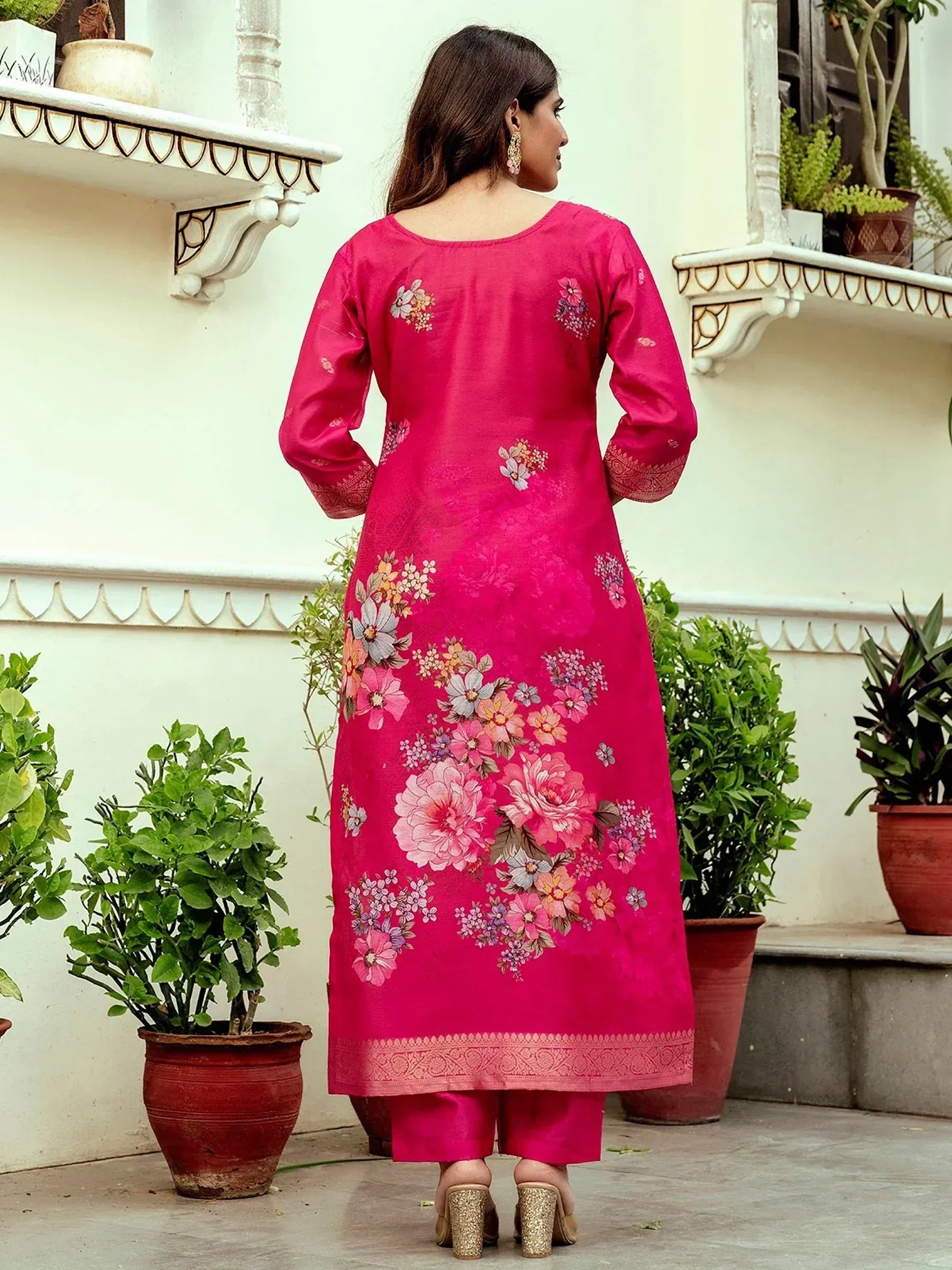 Pink floral printed ethnic kurta with matching pants, perfect for Indian wear occasions