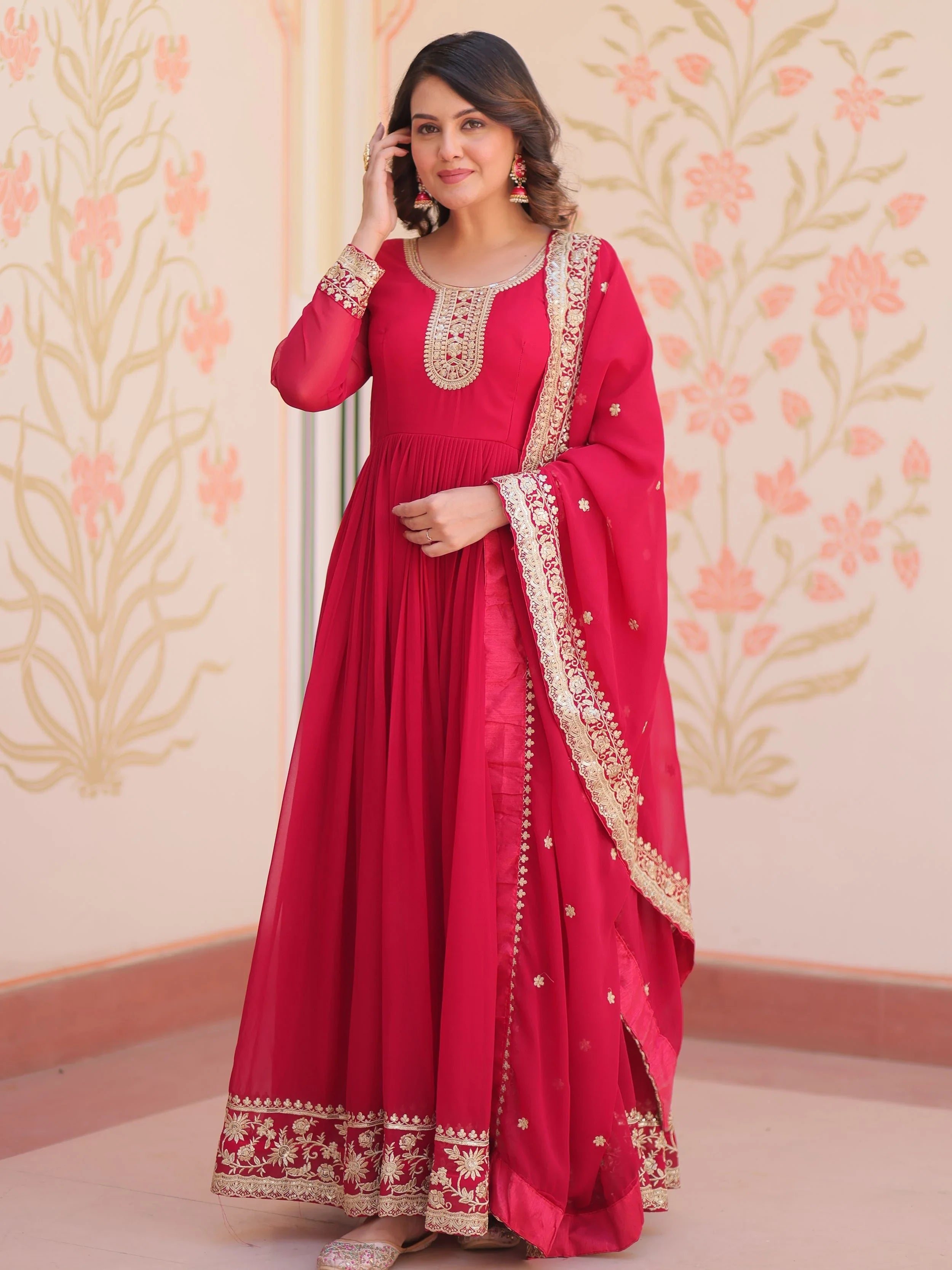 Alluring Pink Georgette Embroidered Traditional Gown With Dupatta
