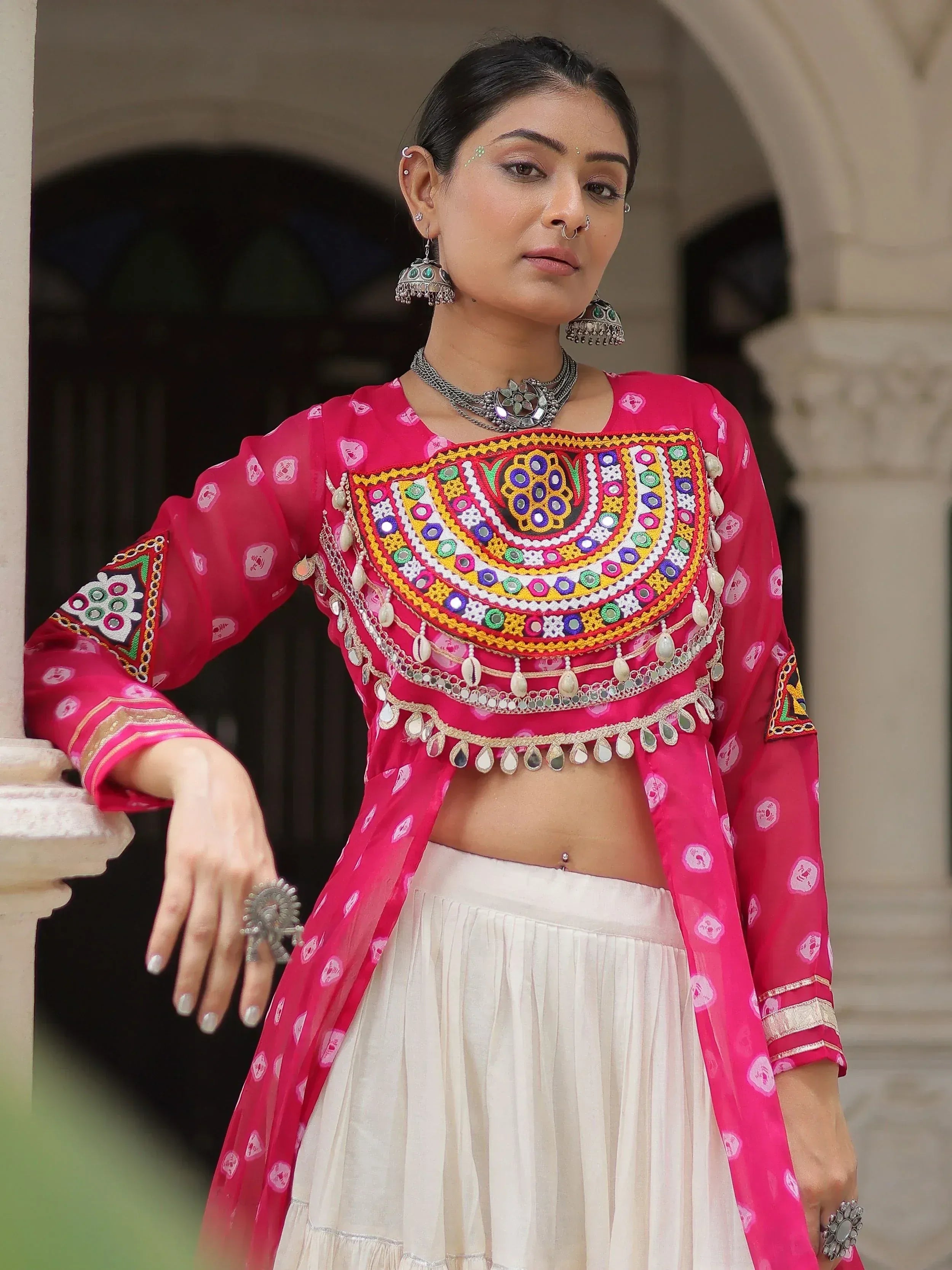 Pink embroidered crop top with mirror work and white skirt, Indian ethnic wear