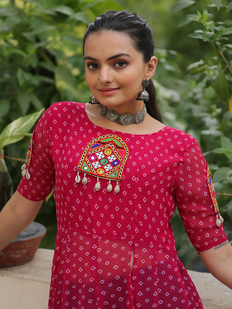 Feminine Pink Georgette Kutchi Work Festival Wear Slitted Kurti