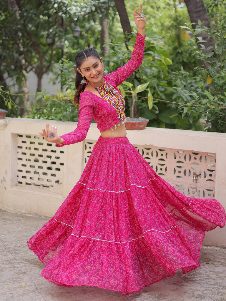 Charming Pink Georgette Gota Patti Work Crop Top Lehenga