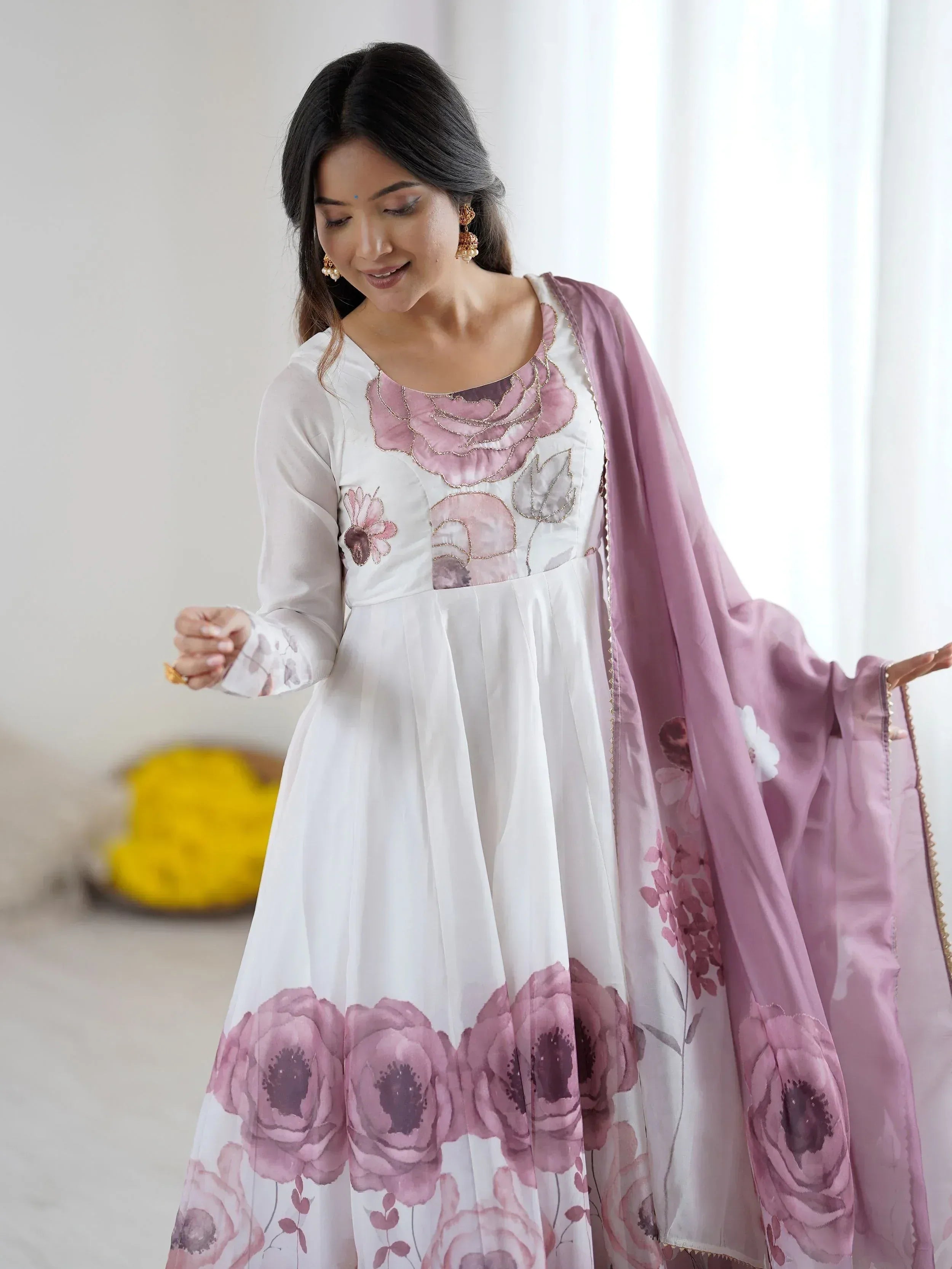 White floral Anarkali with pink rose print and matching dupatta, ethnic Indian wear