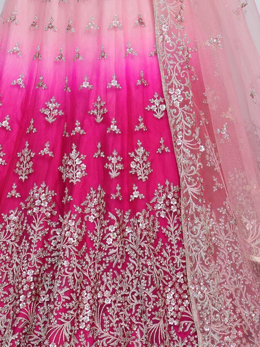 Pink ombre lehenga with silver floral embroidery and lace detailing for Indian ethnic wear