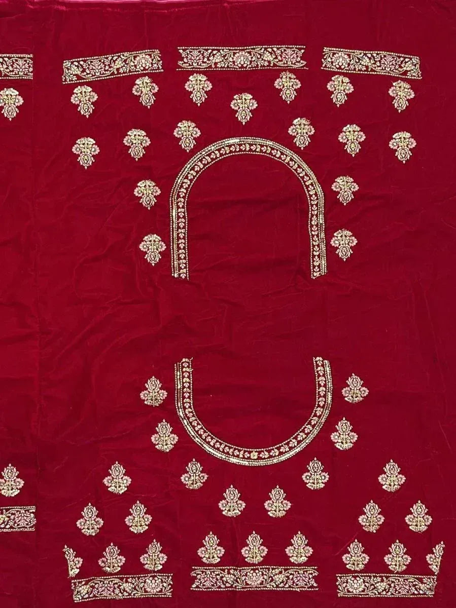Rich maroon velvet fabric with gold floral embroidery for designer lehenga choli or salwar kameez