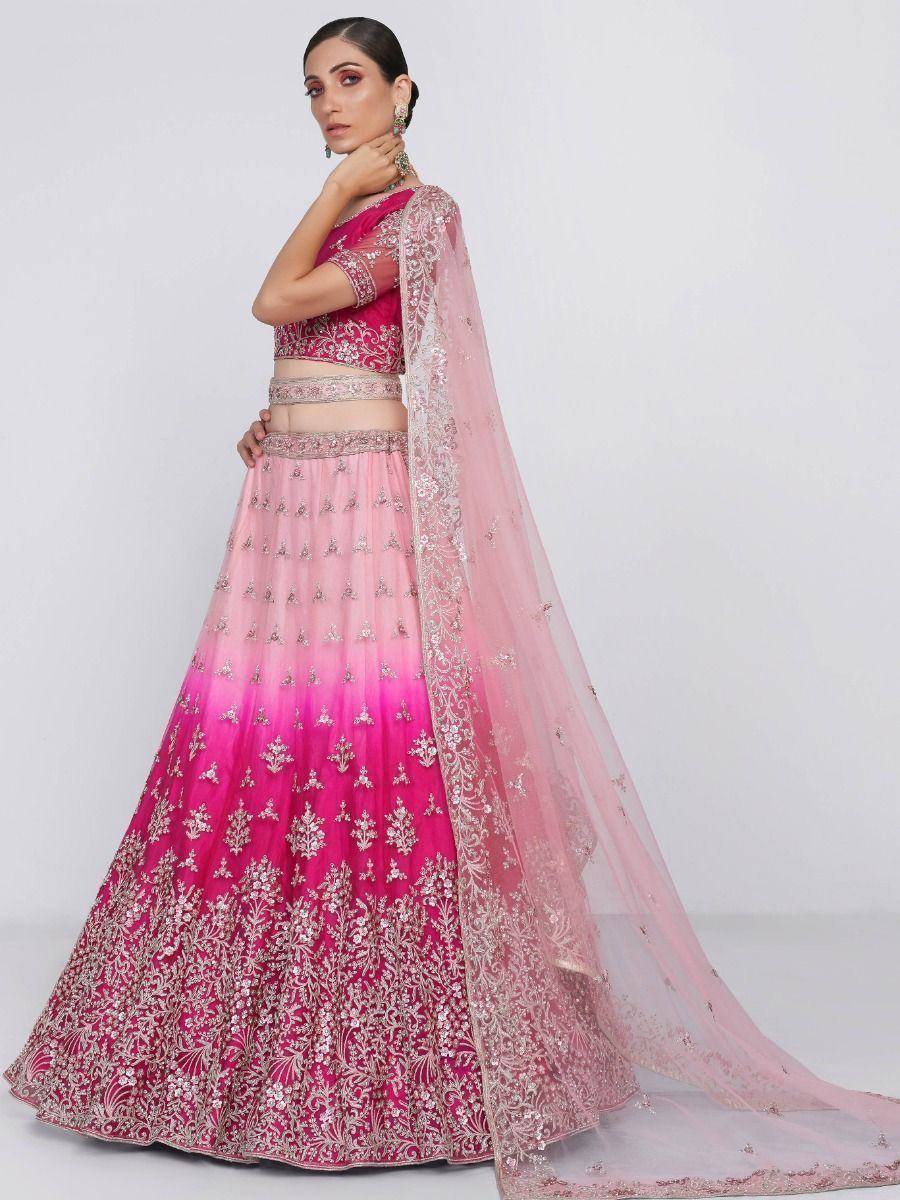 Pink ombre lehenga choli with silver embroidery and sheer dupatta, Indian ethnic wear