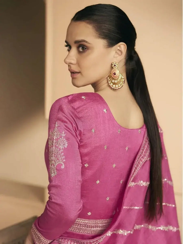 Astonishing Pink Embroidered Silk Ready-Wear Engagement Wear Gown