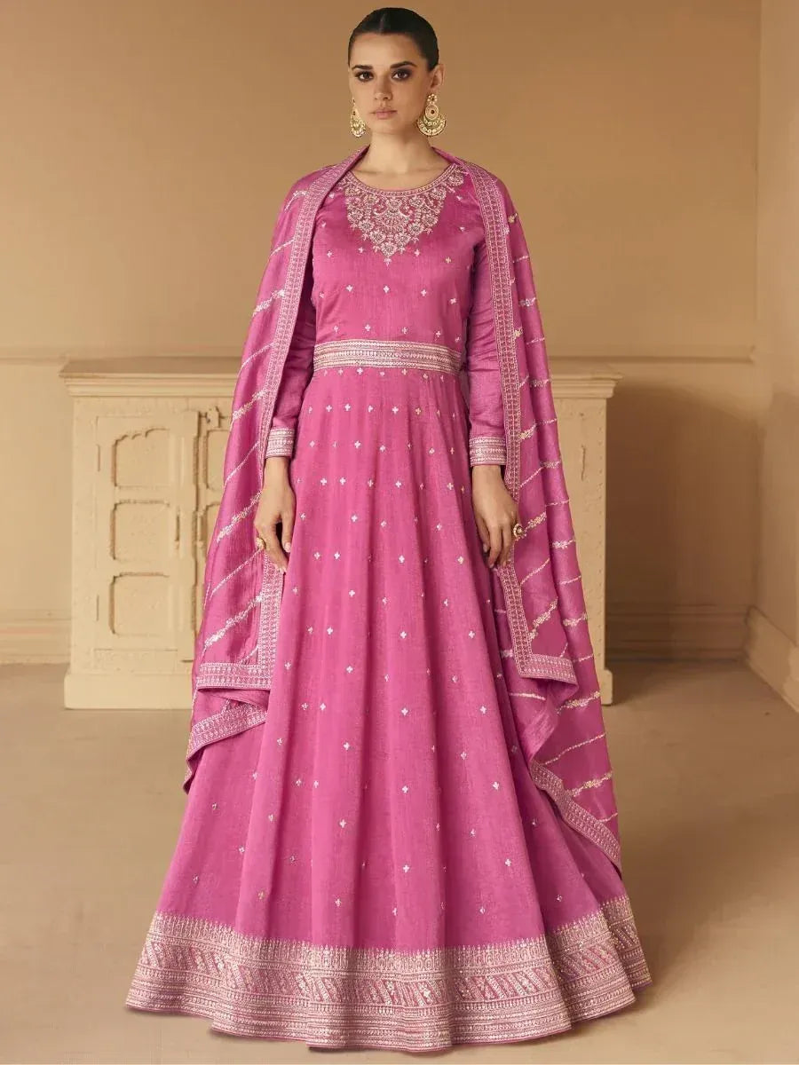 Pink embroidered anarkali suit with dupatta, Indian ethnic wear for women