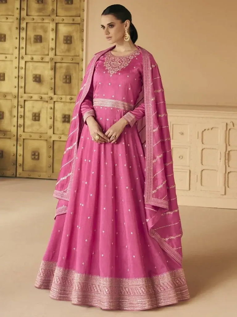 Astonishing Pink Embroidered Silk Ready-Wear Engagement Wear Gown