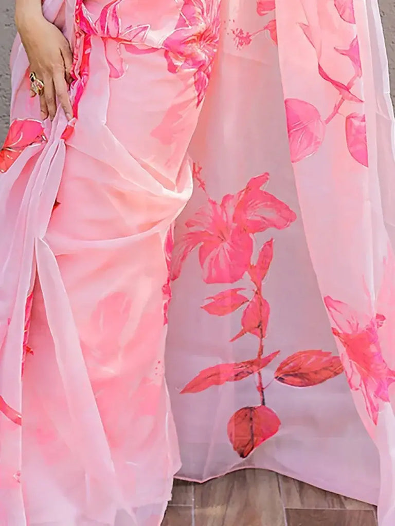 Pretty Pink Floral Printed Organza Party Wear Saree With Blouse