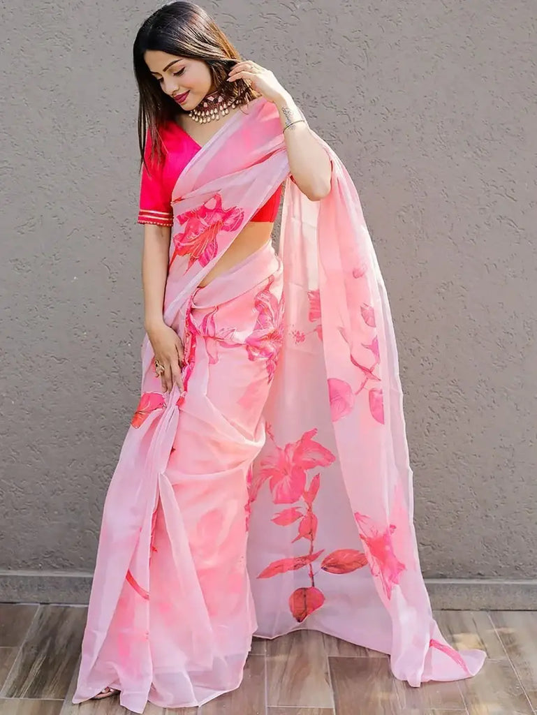 Pretty Pink Floral Printed Organza Party Wear Saree With Blouse