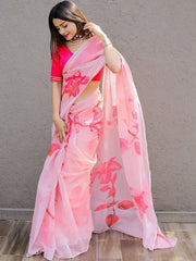 Pretty Pink Floral Printed Organza Party Wear Saree With Blouse