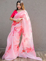 Pretty Pink Floral Printed Organza Party Wear Saree With Blouse