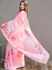 Pretty Pink Floral Printed Organza Party Wear Saree With Blouse