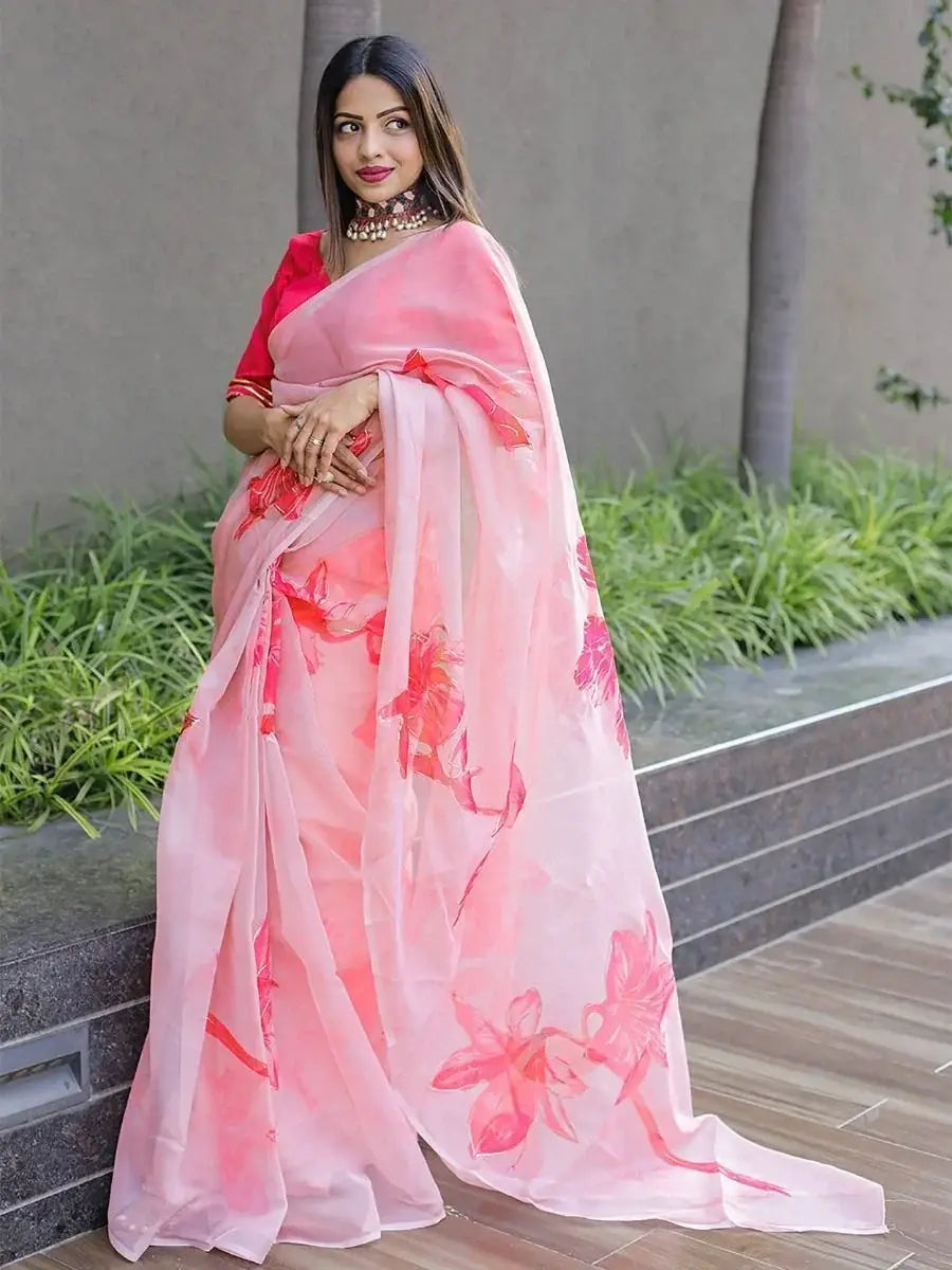Pretty Pink Floral Printed Organza Party Wear Saree With Blouse
