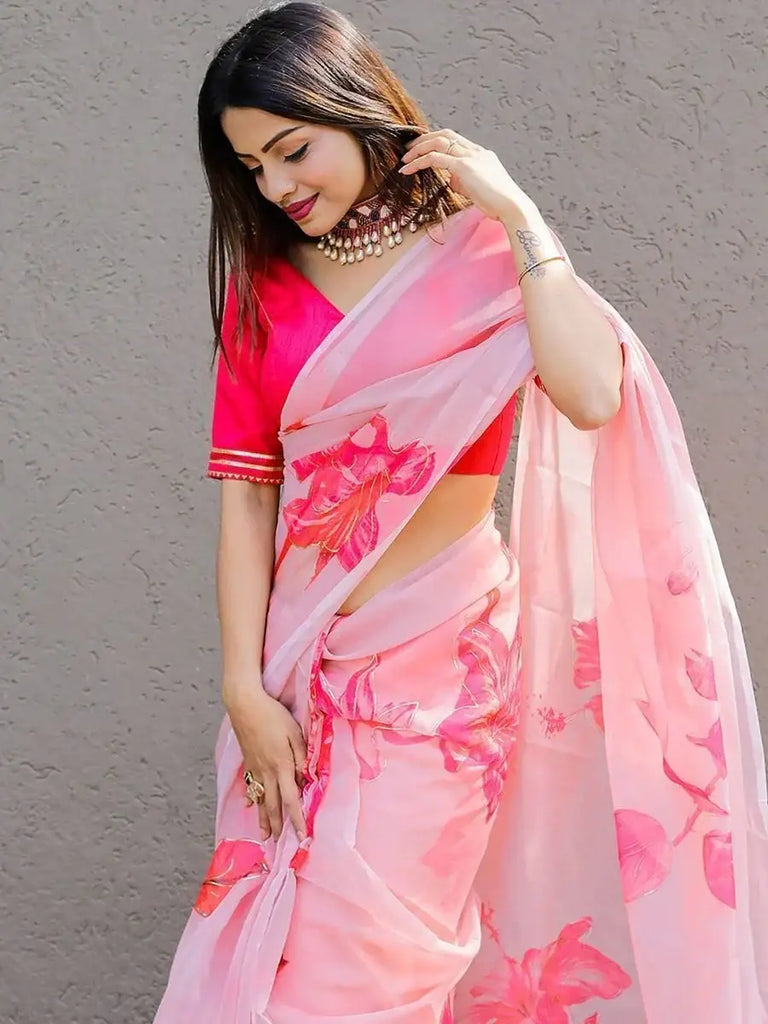Pretty Pink Floral Printed Organza Party Wear Saree With Blouse