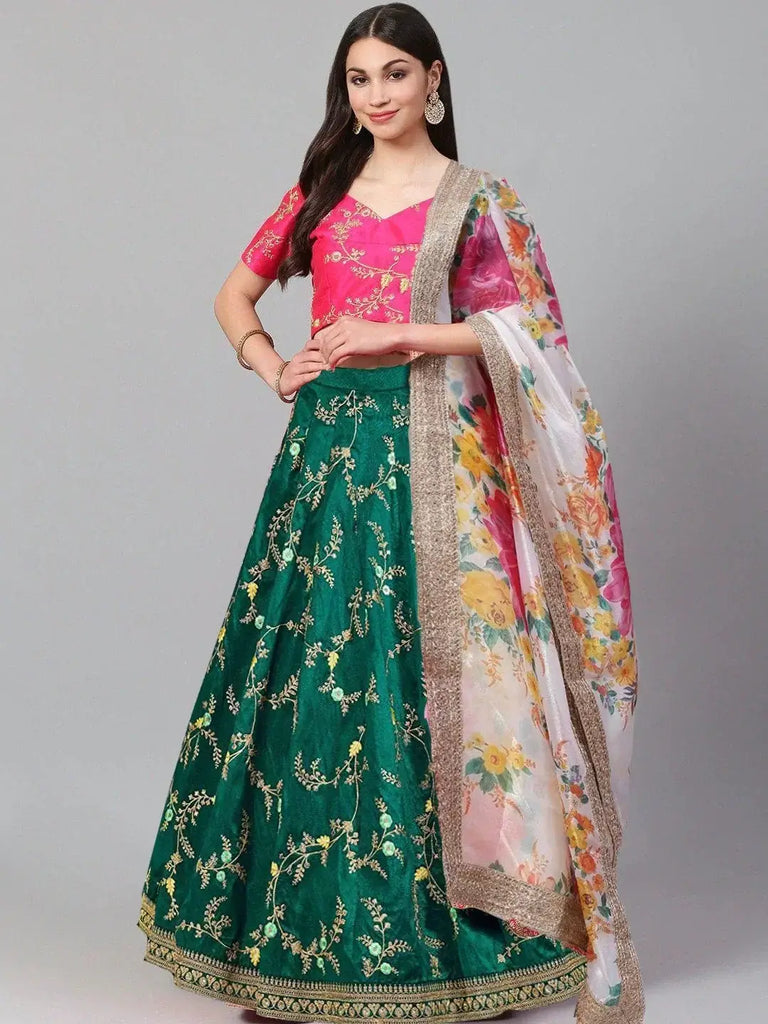 Green Embroidered Mulberry Bridal Lehenga Choli With Printed Dupatta