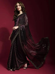 Fabulous Black Georgette Fancy Pink Sequins Work Celebration Wear Saree