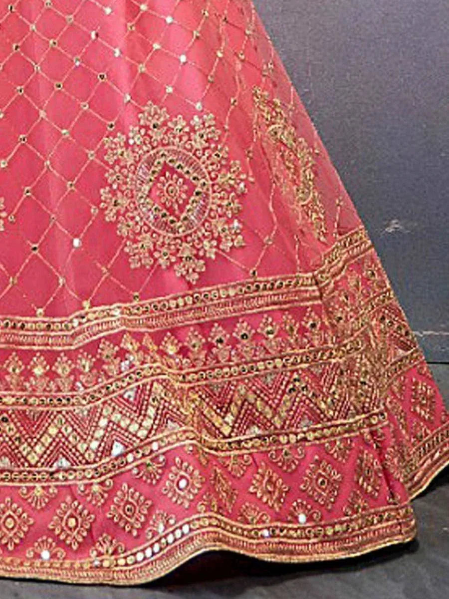 Pink designer lehenga with gold embroidery and mirror work, ethnic Indian wear