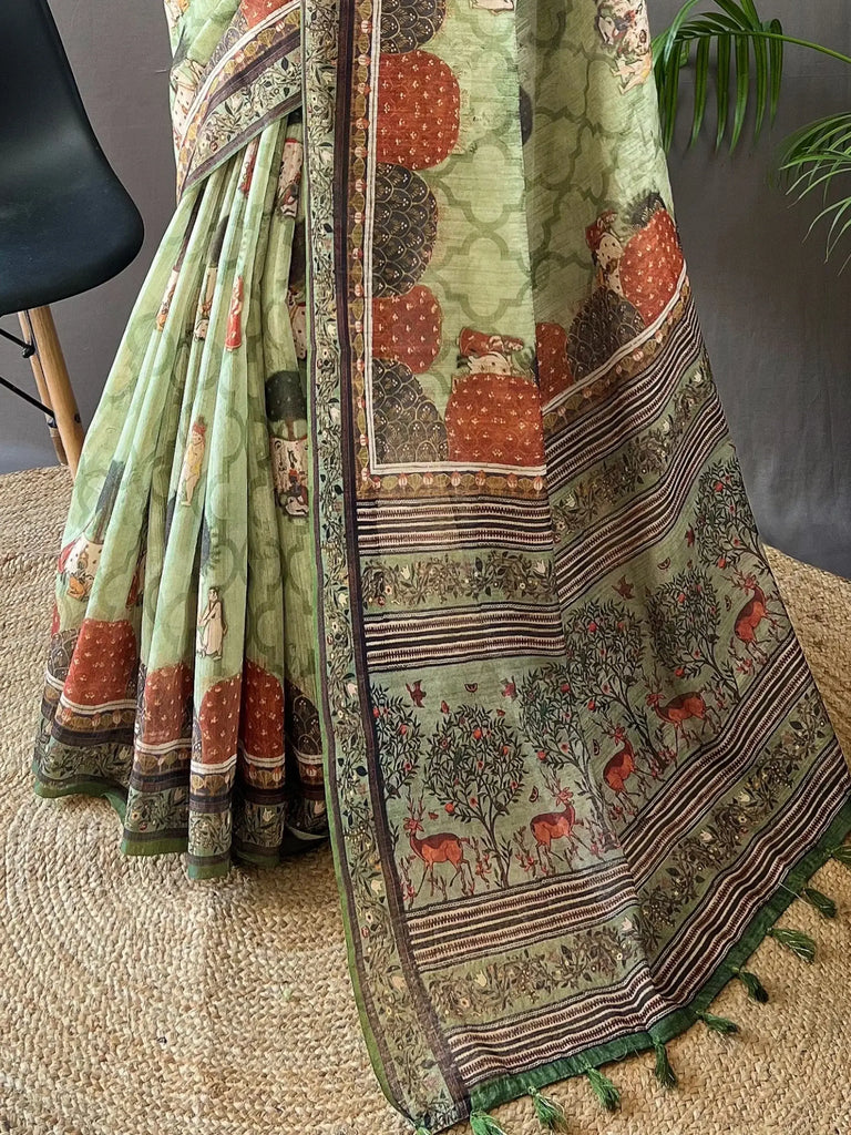 Stunning Pista Color Printed Silk Traditional Saree With Blouse