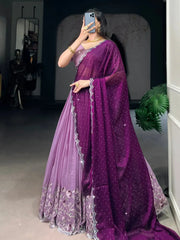 Pleasant Lavender Hotfix Embroidered Organza Wedding Wear Lehenga Choli - Ethnic Plus In