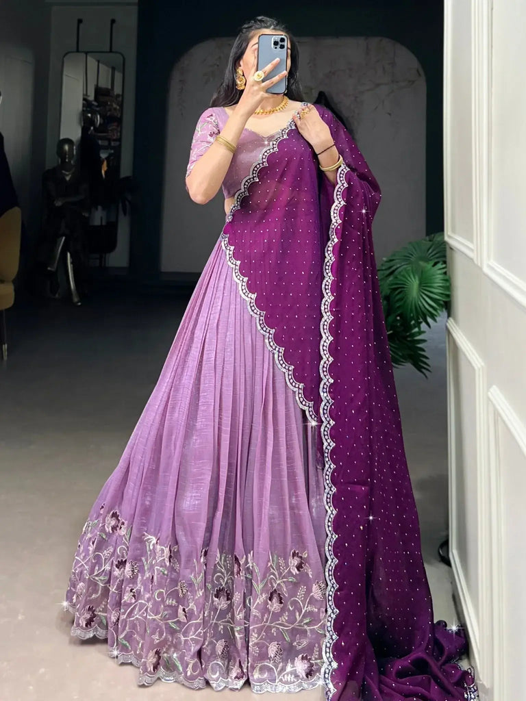 Pleasant Lavender Hotfix Embroidered Organza Wedding Wear Lehenga Choli - Ethnic Plus In