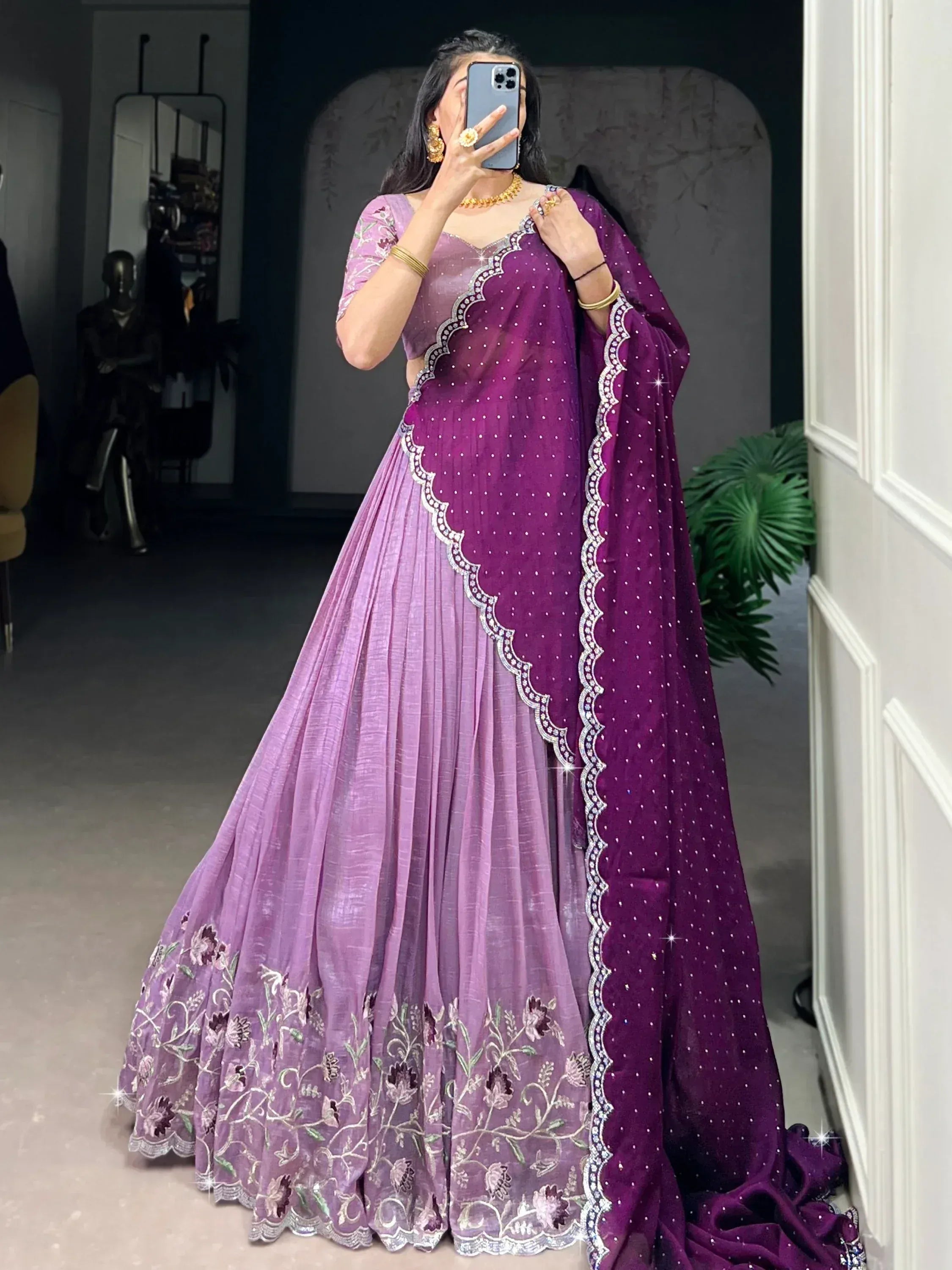 Purple designer lehenga choli with floral embroidery and sequin dupatta, perfect for Indian ethnic wear
