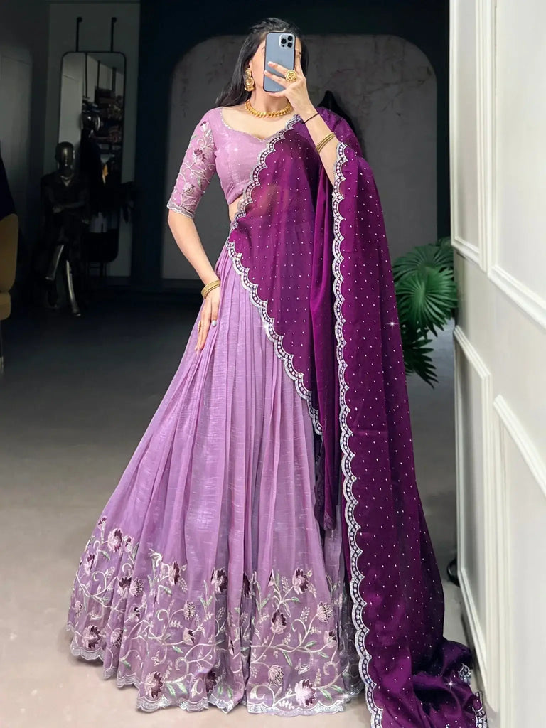 Pleasant Lavender Hotfix Embroidered Organza Wedding Wear Lehenga Choli - Ethnic Plus In